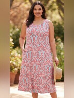 Simple Fun Pink and Blue Patterned Dress Size XXL Sleeveless Midi - GUC